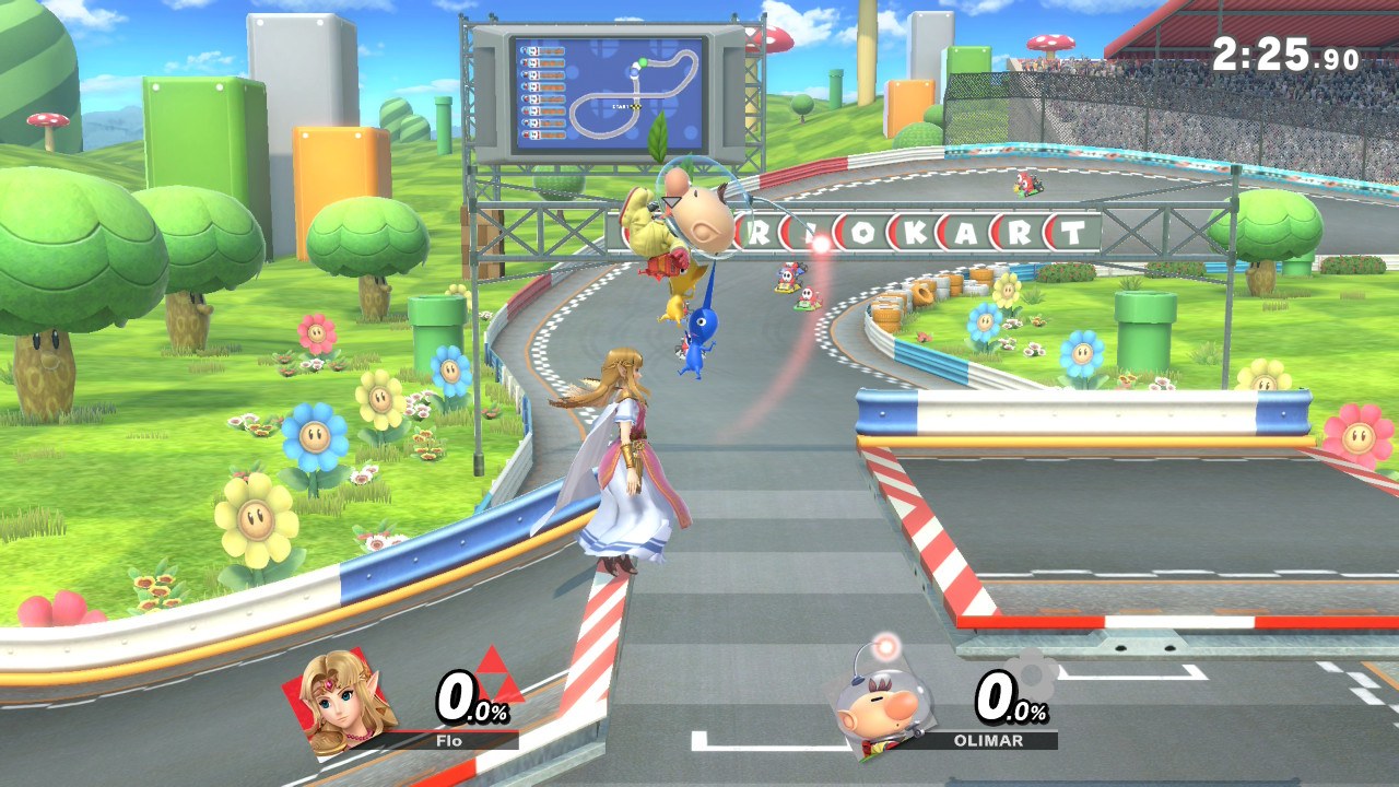 Zelda and Olimar racing for position on Mario Circuit. Wait, is this a fighting game?