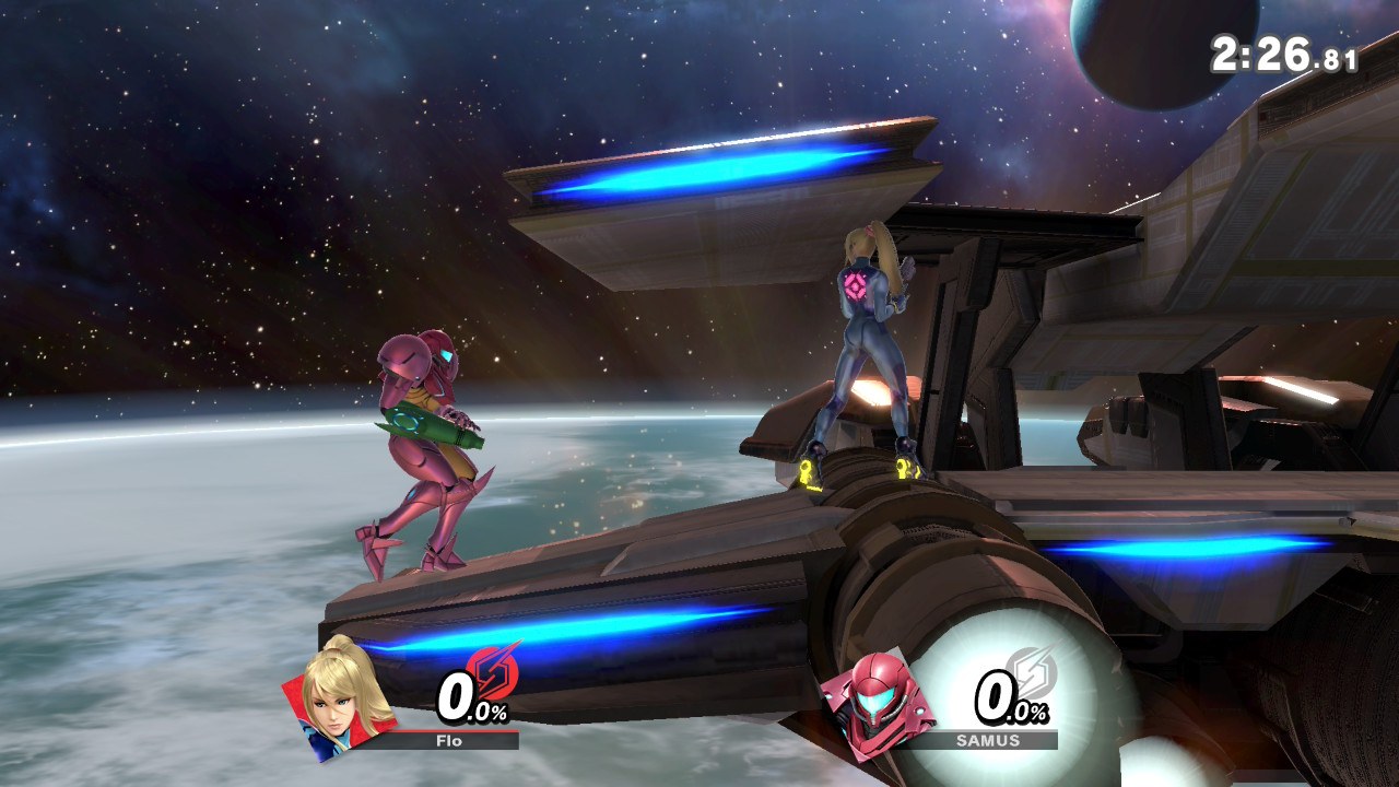 A calm second before the fight: Zero Suit Samus and Samus in space. Enjoy the quiet.