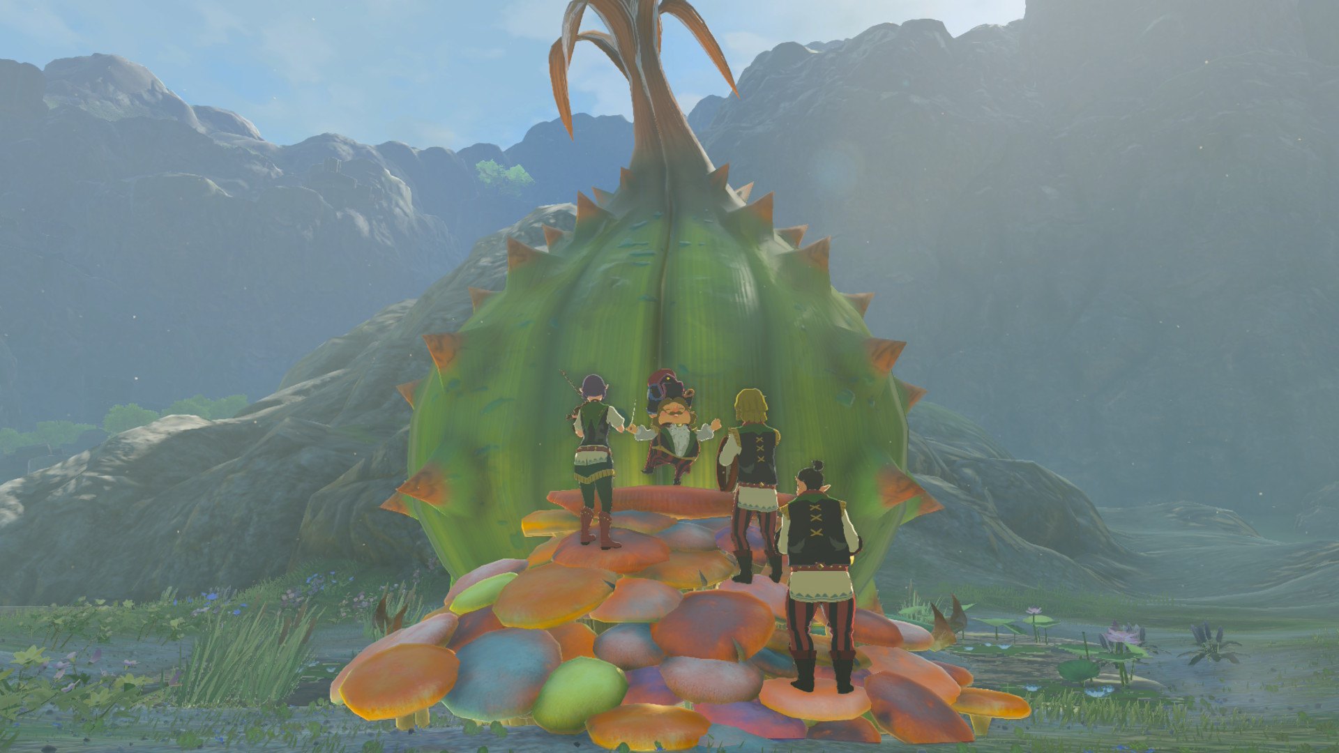 A big green bulb, a pile of mushrooms and some very curious helpers. Hyrule is strange.