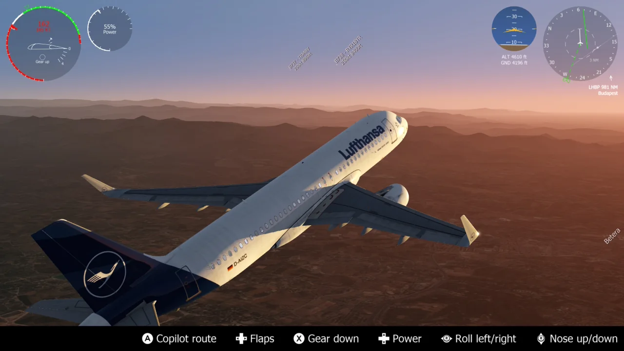 Aerofly FS: a Lufthansa A320 banking over brown hills at sunset