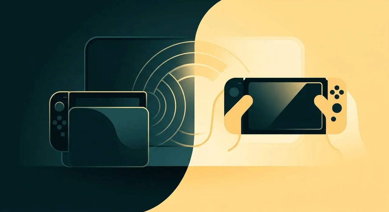 Switch 2 docked on the dark left and held in two hands on the yellow right, with curved lines between them