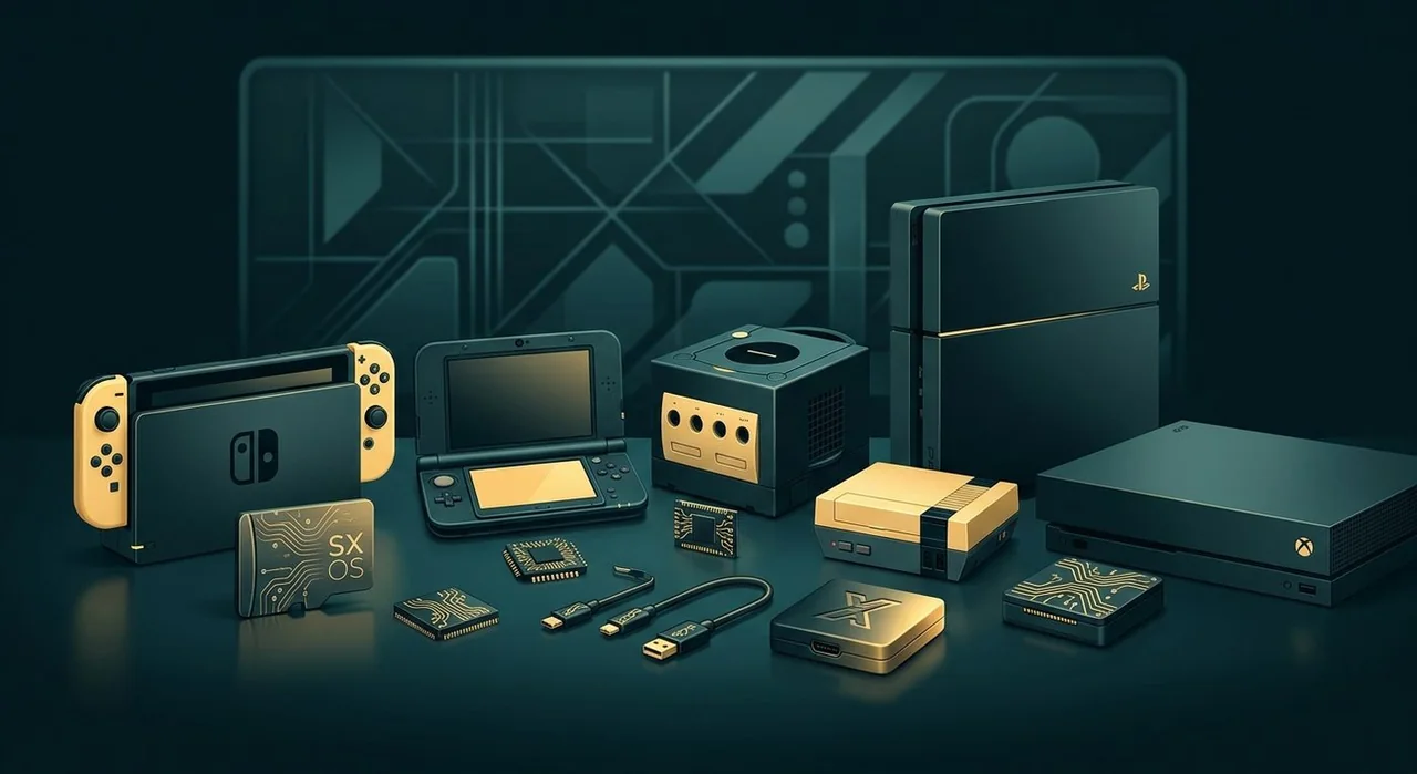 Nintendo consoles and Team Xecuter hardware: Switch, 3DS, GameCube, NES and PlayStation beside an SX OS card