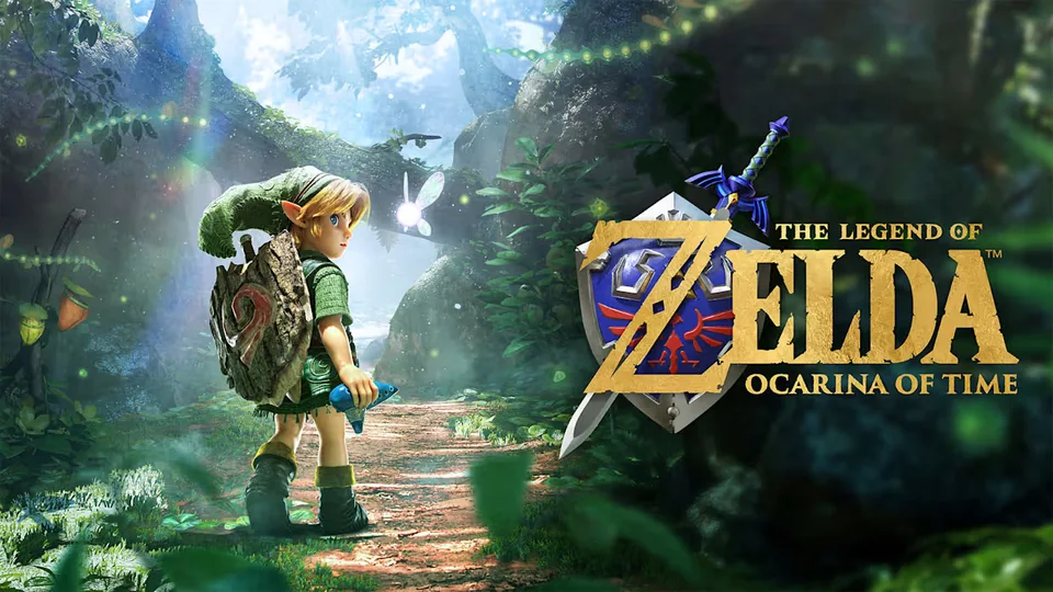 Zelda Ocarina of Time remake key art: young Link and a fairy on a forest path beside the logo