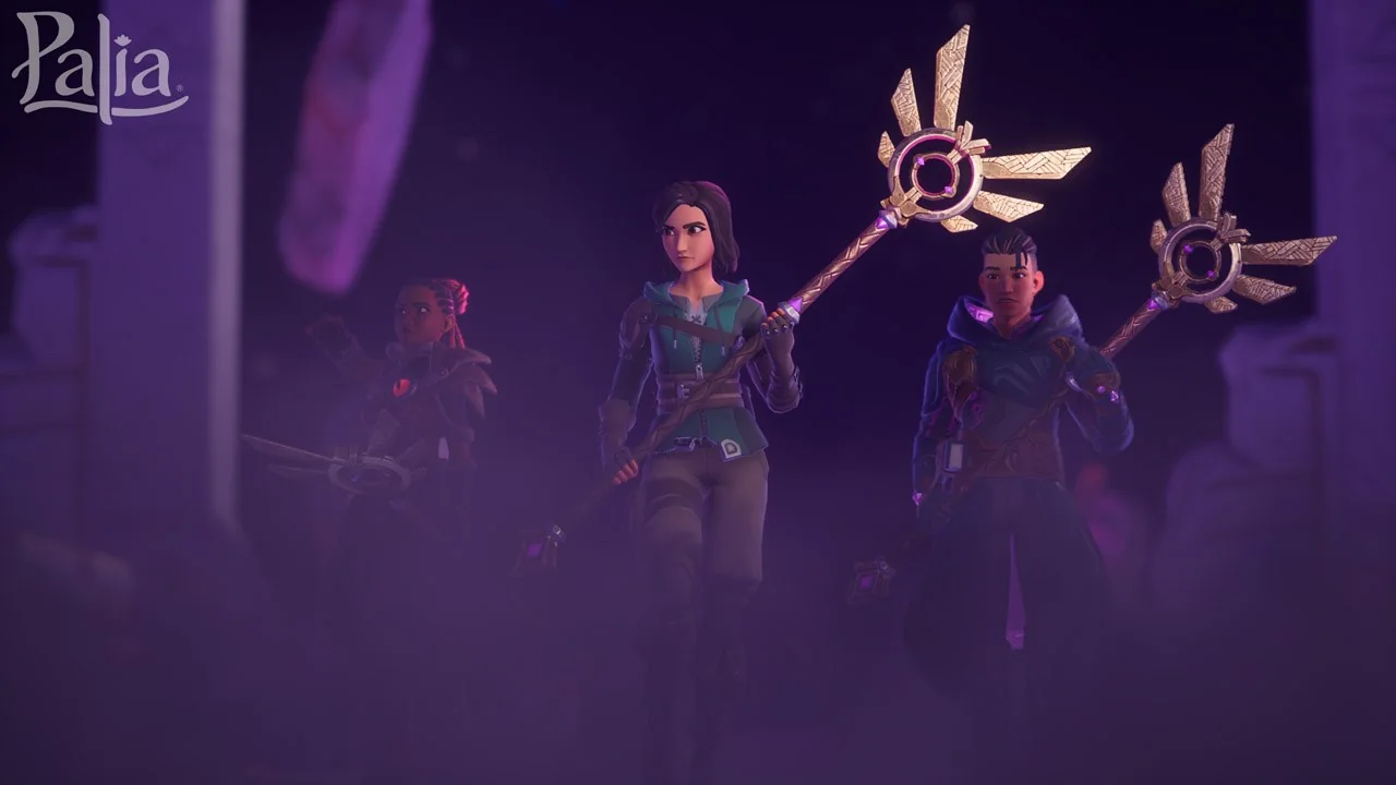 Three Palia characters holding glowing staffs and walking through a purple mist