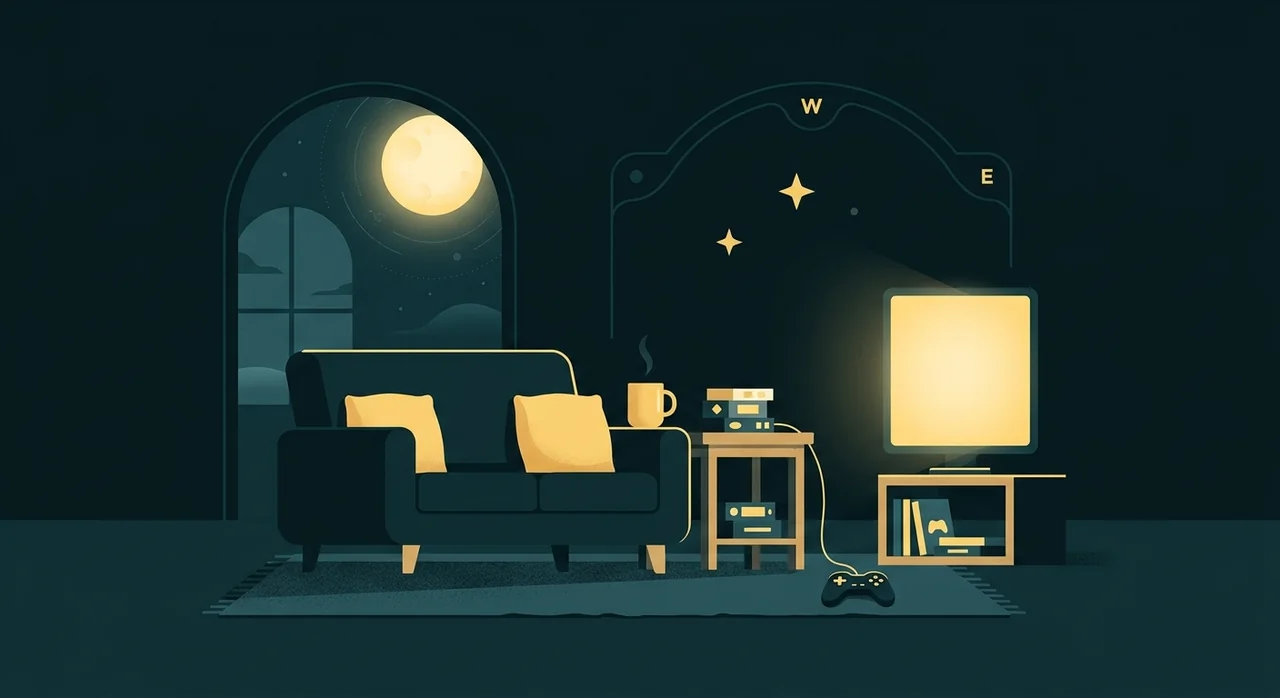 Switch 2 evening: a sofa with yellow cushions, a mug of tea, a glowing TV and a controller on the rug under the moon