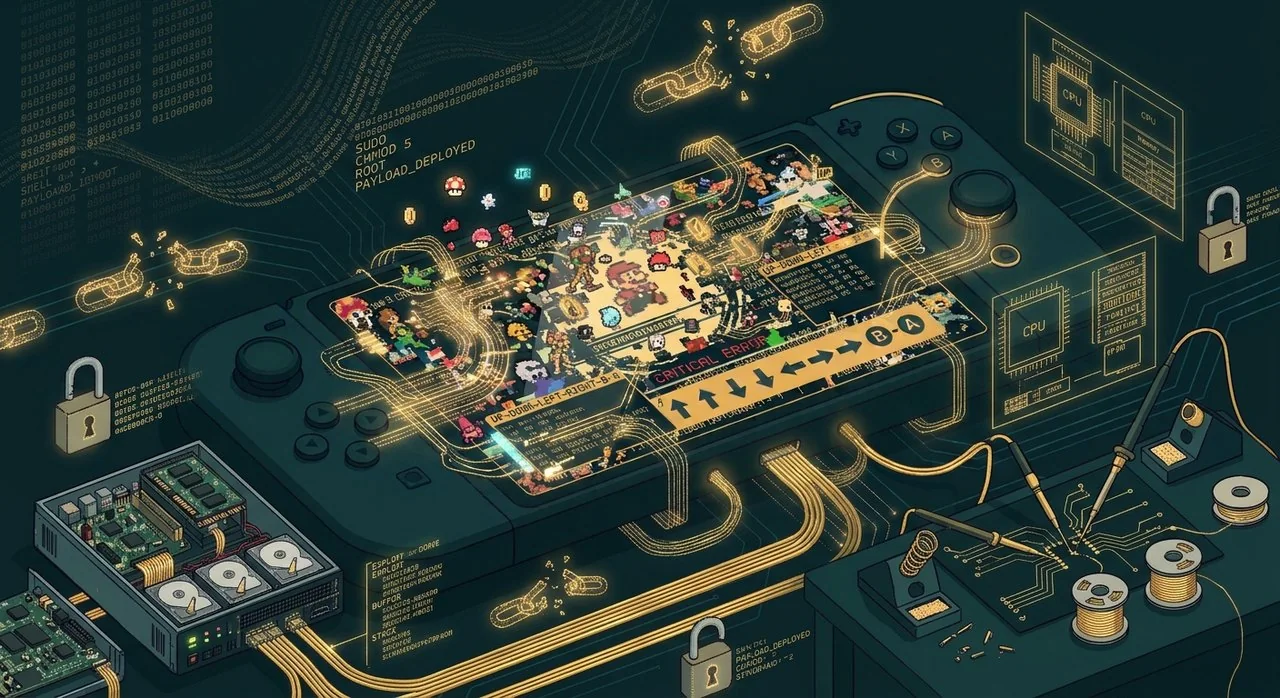 Switch 2 jailbreak illustration: a handheld console wrapped in broken chains, padlocks, code lines and circuit boards