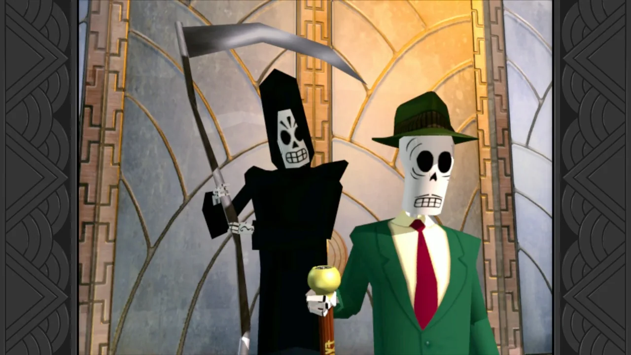 Grim Fandango Remastered: Manny and the Grim Reaper in front of an art deco stained glass window